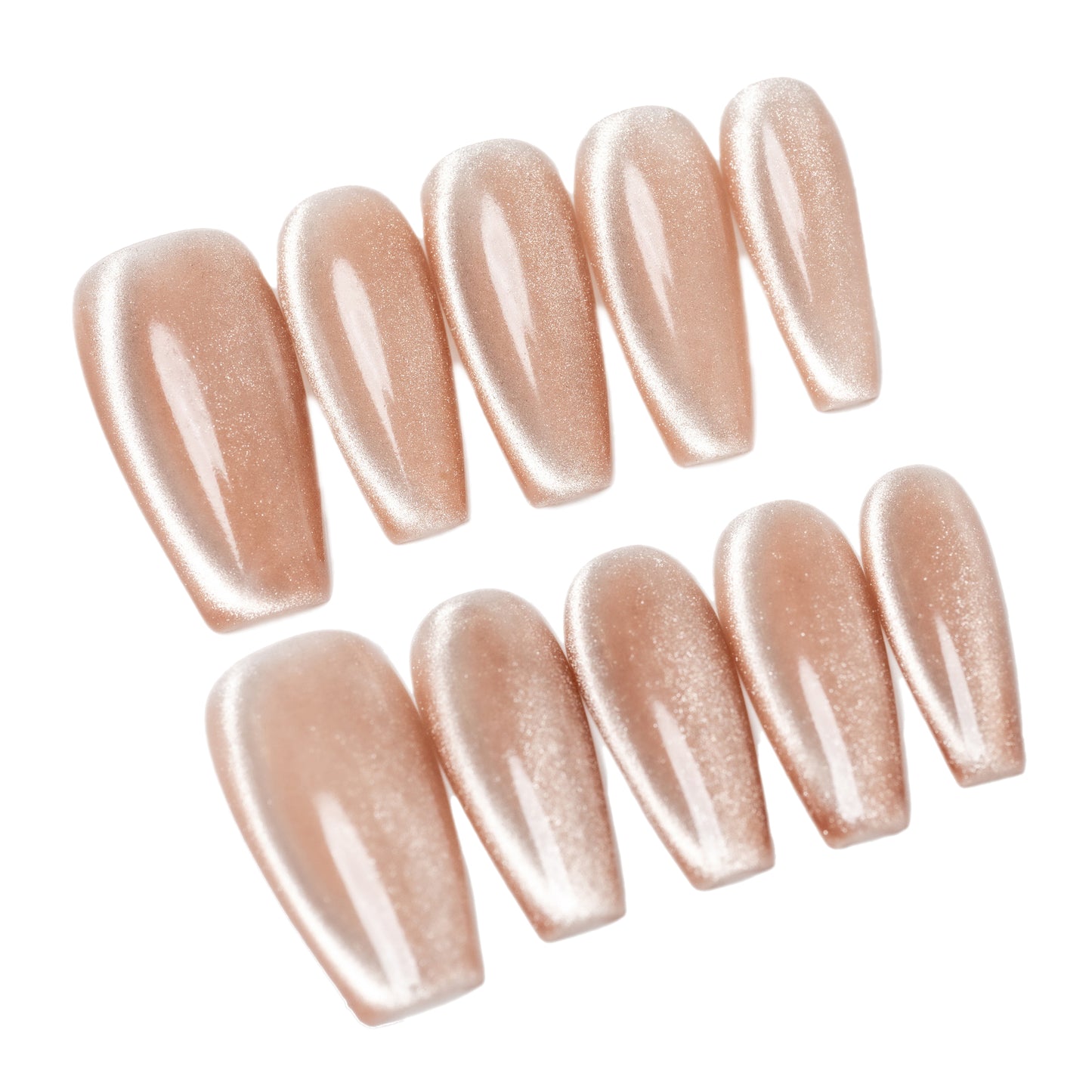 Handmade Press-on Nails Medium Long Coffin Ballerina Beige Solid Color Cat Eye Design 10 Pcs HM086