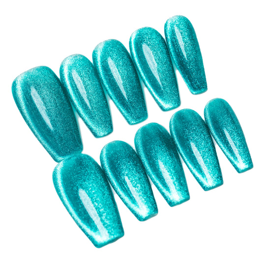 Handmade Press-on Nails Medium Long Coffin Ballerina Turquoise Solid Color Cat Eye Design 10 Pcs HM084