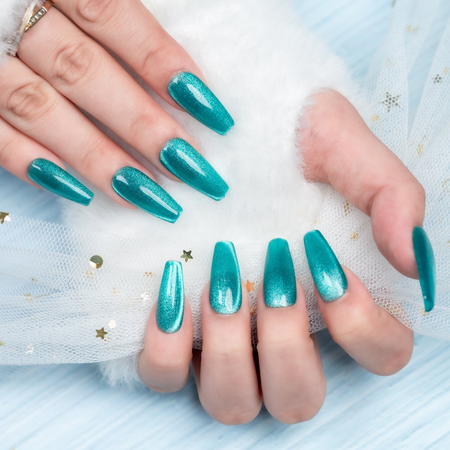 Handmade Press-on Nails Medium Long Coffin Ballerina Turquoise Solid Color Cat Eye Design 10 Pcs HM084