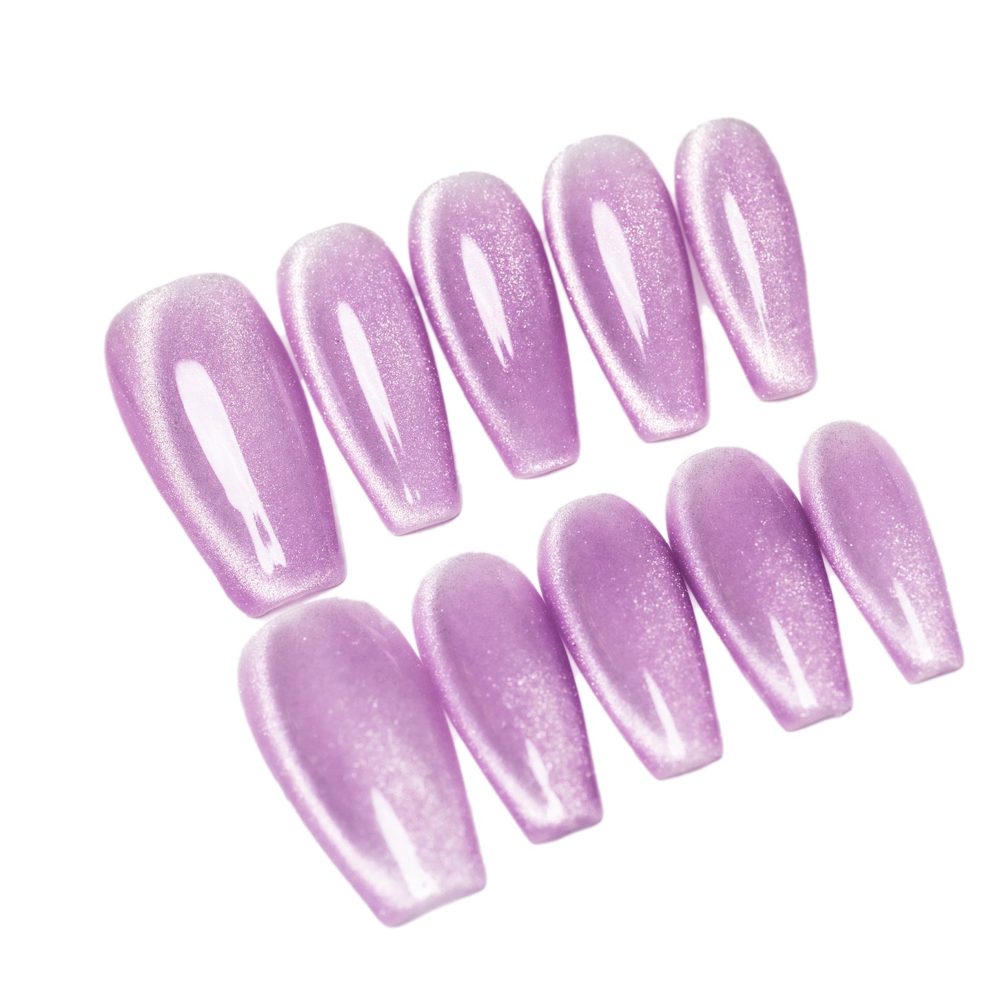 Handmade Press-on Nails Medium Long Coffin Ballerina Purple Solid Color Cat Eye Design 10 Pcs HM085