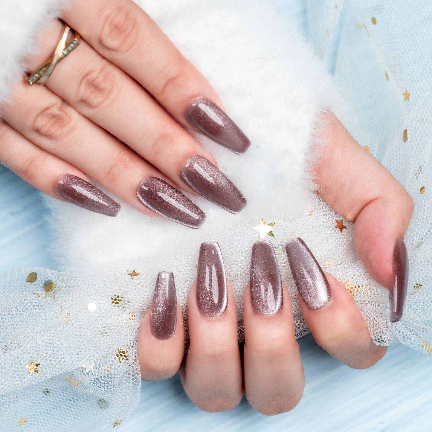 Handmade Press-on Nails Medium Long Coffin Ballerina Brown Solid Color Cat Eye Design 10 Pcs HM087