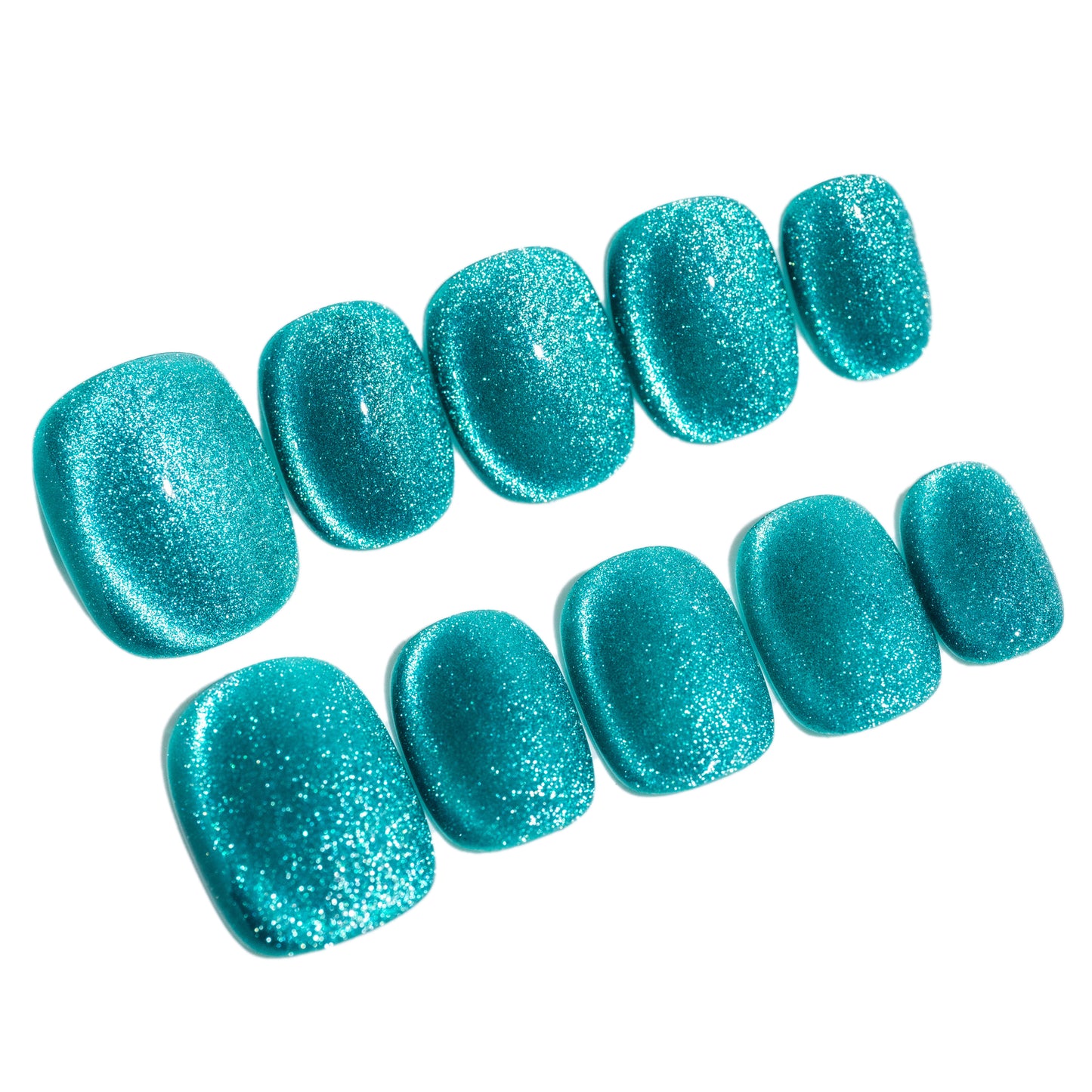 Handmade Press-on Nails Short Squoval Round Turquoise Solid Color Cat Eye Design 10 Pcs HM093