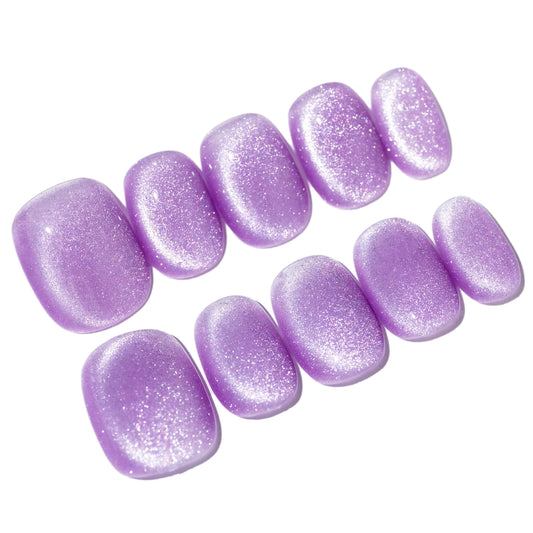 Handmade Press-on Nails Short Squoval Round Purple Solid Color Cat Eye Design 10 Pcs HM094