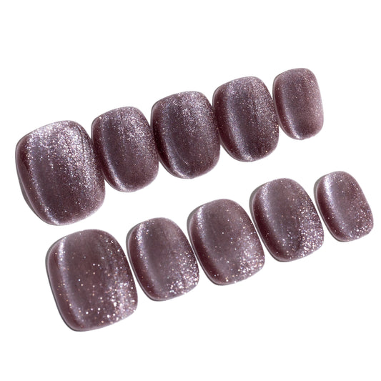 Handmade Press-on Nails Short Squoval Round Brown Solid Color Cat Eye Design 10 Pcs HM096