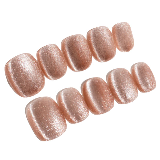 Handmade Press-on Nails Short Squoval Round Beige Solid Color Cat Eye Design 10 Pcs HM095