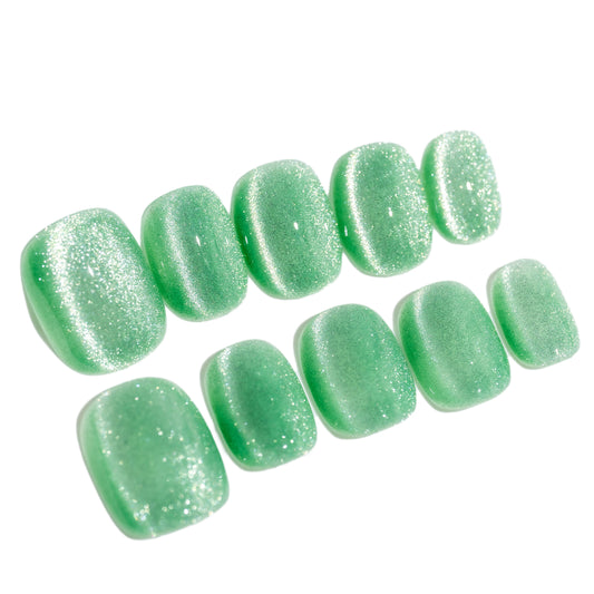 Handmade Press-on Nails Short Squoval Round Green Solid Color Cat Eye Design 10 Pcs HM097
