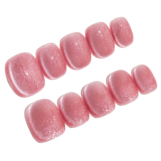Handmade Press-on Nails Short Squoval Round Pink Solid Color Cat Eye Design 10 Pcs HM098