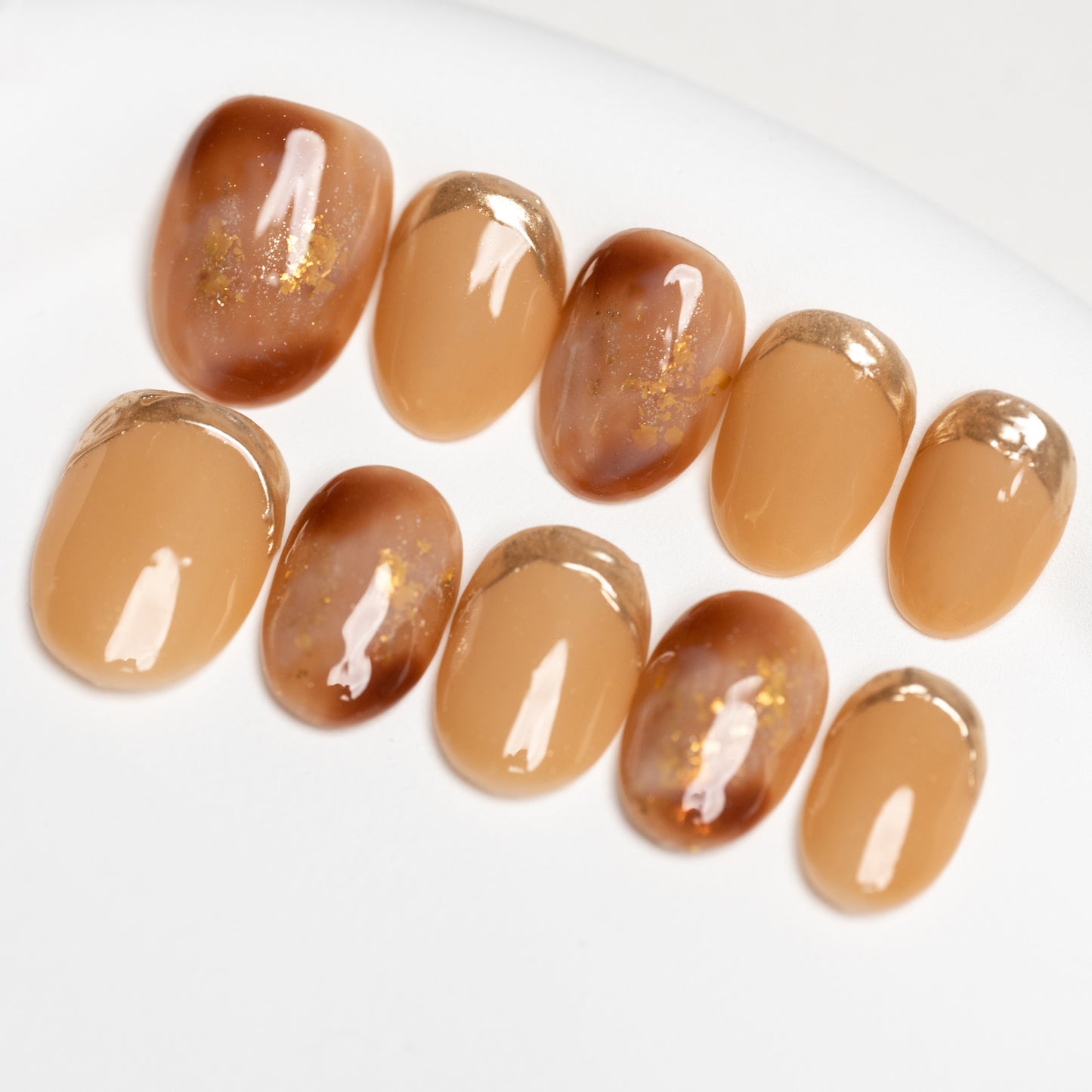 Handmade Press-on Nails Short Round Brown Gold Amber Design 10 Pcs HM083