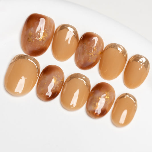 Handmade Press-on Nails Short Round Brown Gold Amber Design 10 Pcs HM083