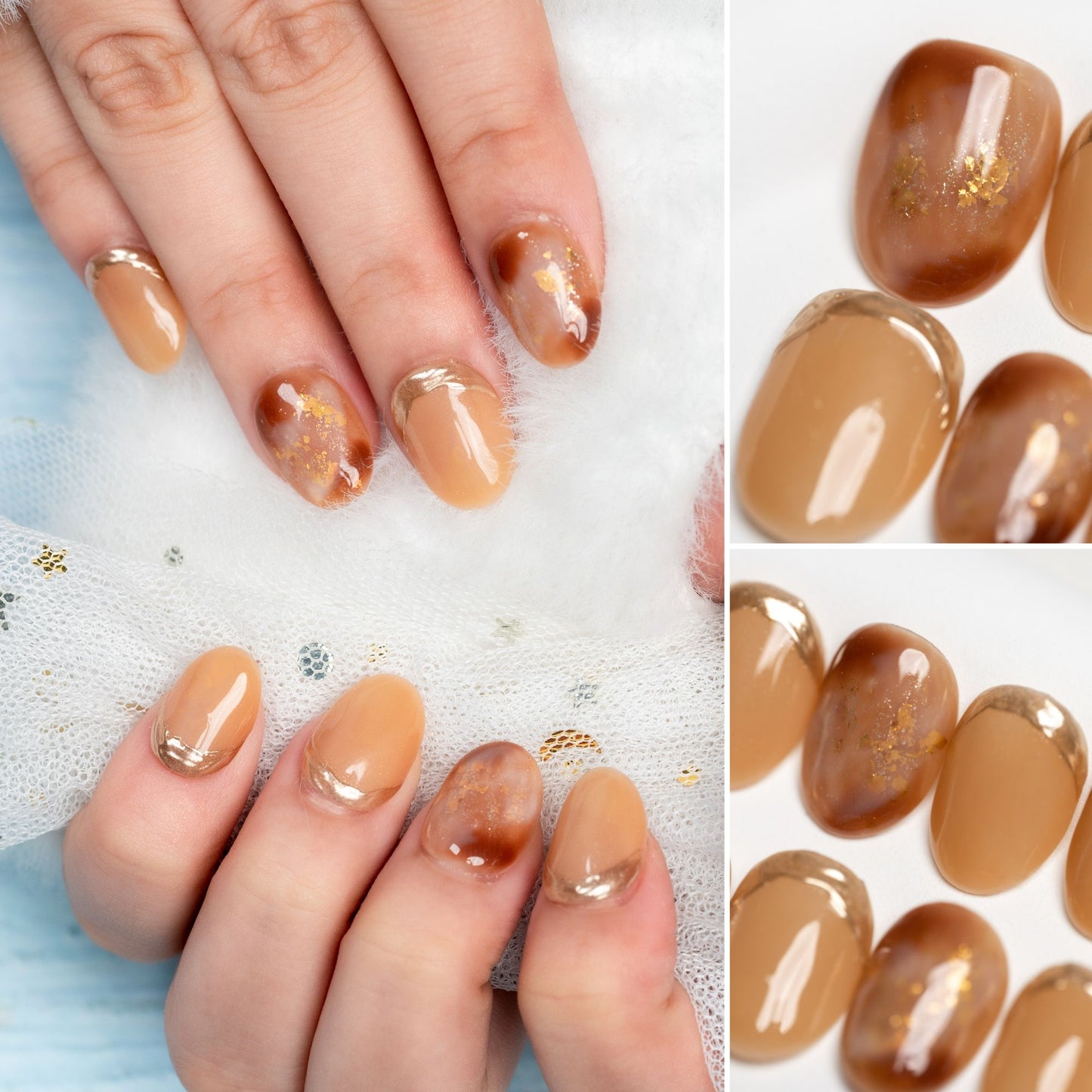 Handmade Press-on Nails Short Round Brown Gold Amber Design 10 Pcs HM083