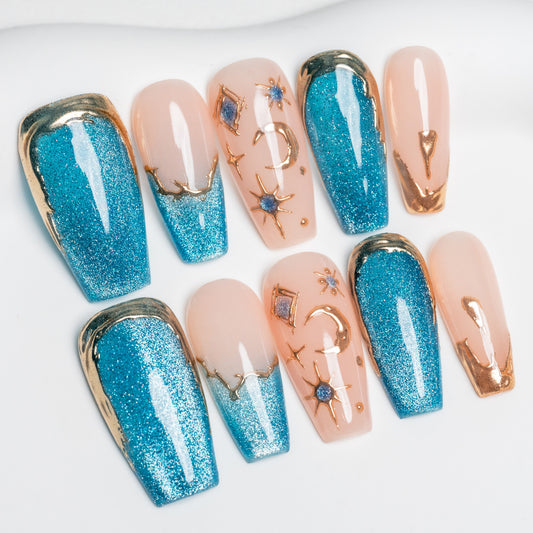 Handmade Press-on Nails Medium Long Square Beige Blue Cat Eye Gold Painting Design 10 Pcs HM082