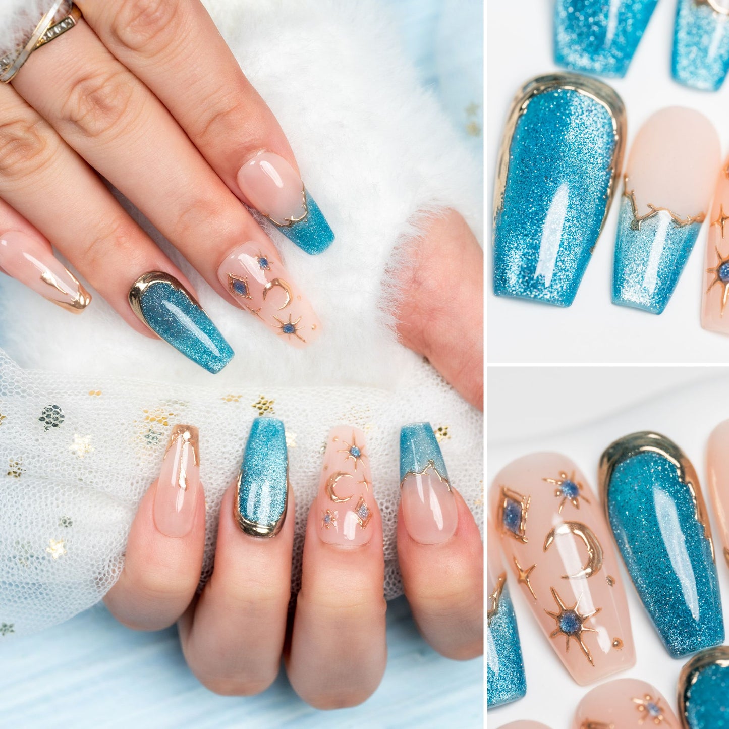 Handmade Press-on Nails Medium Long Square Beige Blue Cat Eye Gold Painting Design 10 Pcs HM082