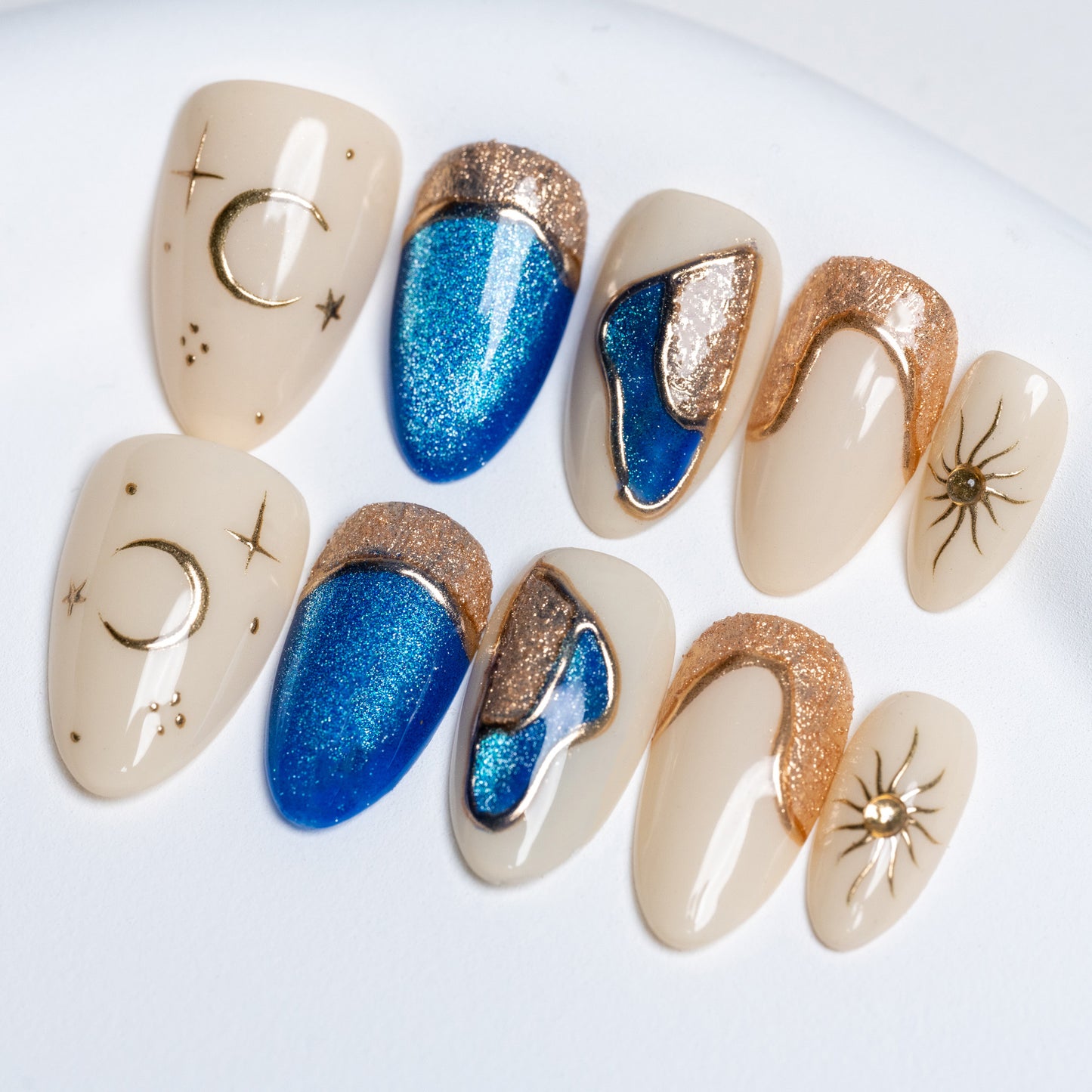 Handmade Press-on Nails Short Almond Blue White Gold Cat Eye Painting Design 10 Pcs HM081