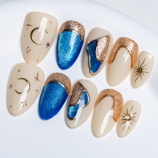 Handmade Press-on Nails Short Almond Blue White Gold Cat Eye Painting Design 10 Pcs HM081