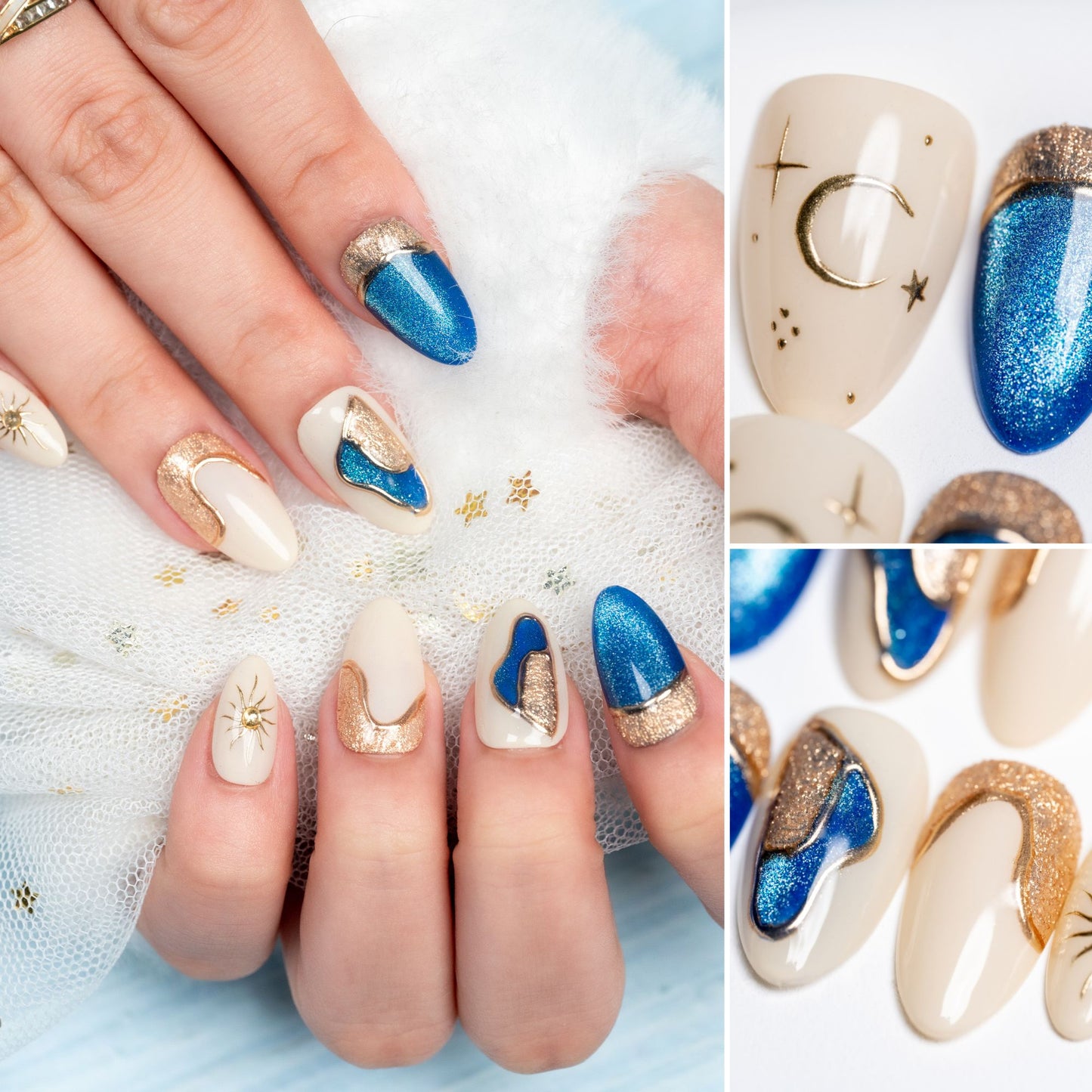 Handmade Press-on Nails Short Almond Blue White Gold Cat Eye Painting Design 10 Pcs HM081