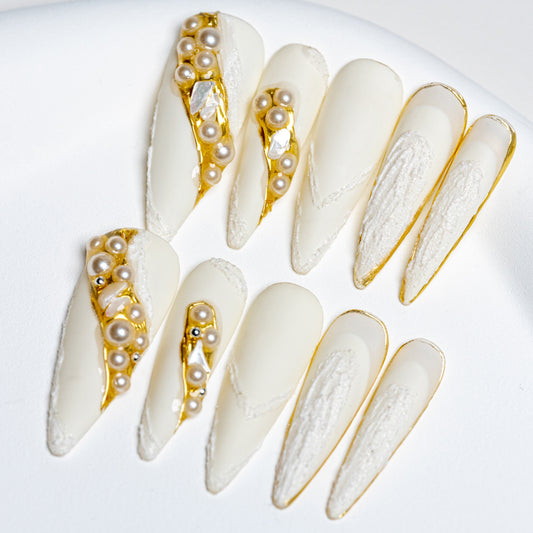 Handmade Press-on Nails Long Almond Stiletto White Gold Pearl Sculpture Design 10 Pcs HM080