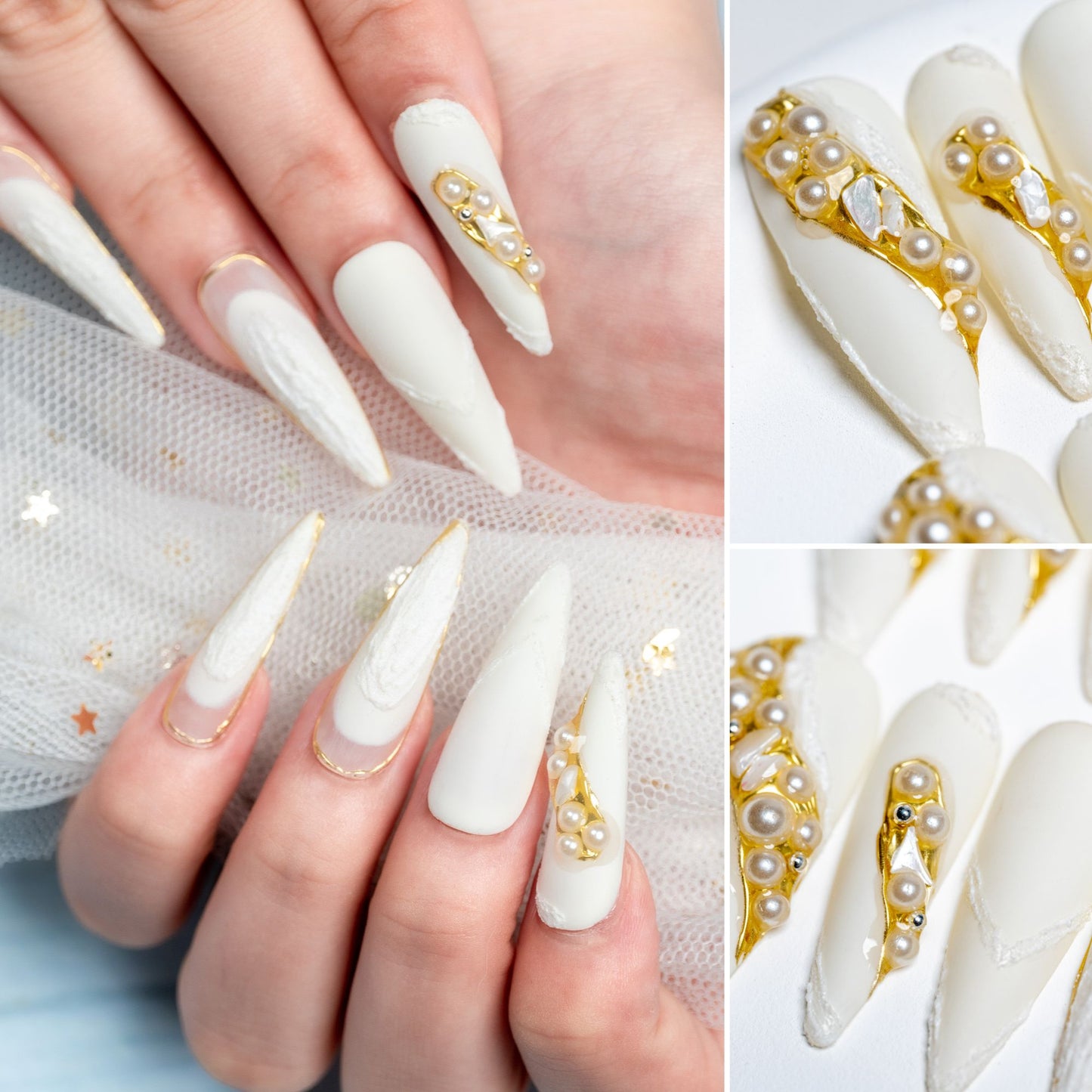 Handmade Press-on Nails Long Almond Stiletto White Gold Pearl Sculpture Design 10 Pcs HM080