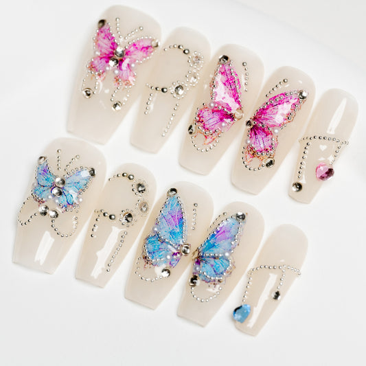 Handmade Press-on Nails Medium Long Coffin Ballerina Pink Blue White Butterfy Design 10 Pcs HM090