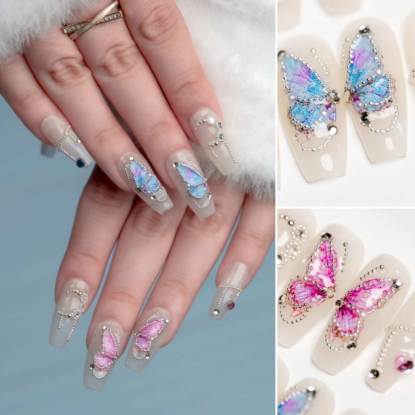 Handmade Press-on Nails Medium Long Coffin Ballerina Pink Blue White Butterfy Design 10 Pcs HM090