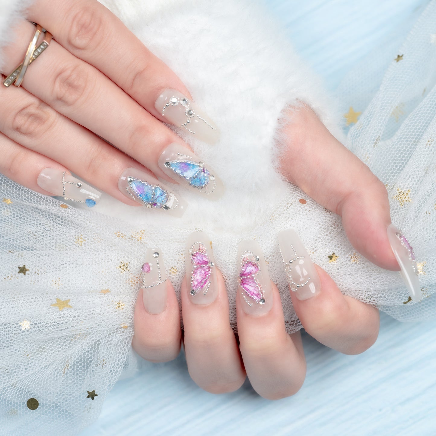 Handmade Press-on Nails Medium Long Coffin Ballerina Pink Blue White Butterfy Design 10 Pcs HM090