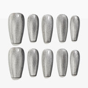 Handmade Medium Coffin Ballerina Press-On Nails - Silver Magnet Minimalist glossy 10 Pcs #105