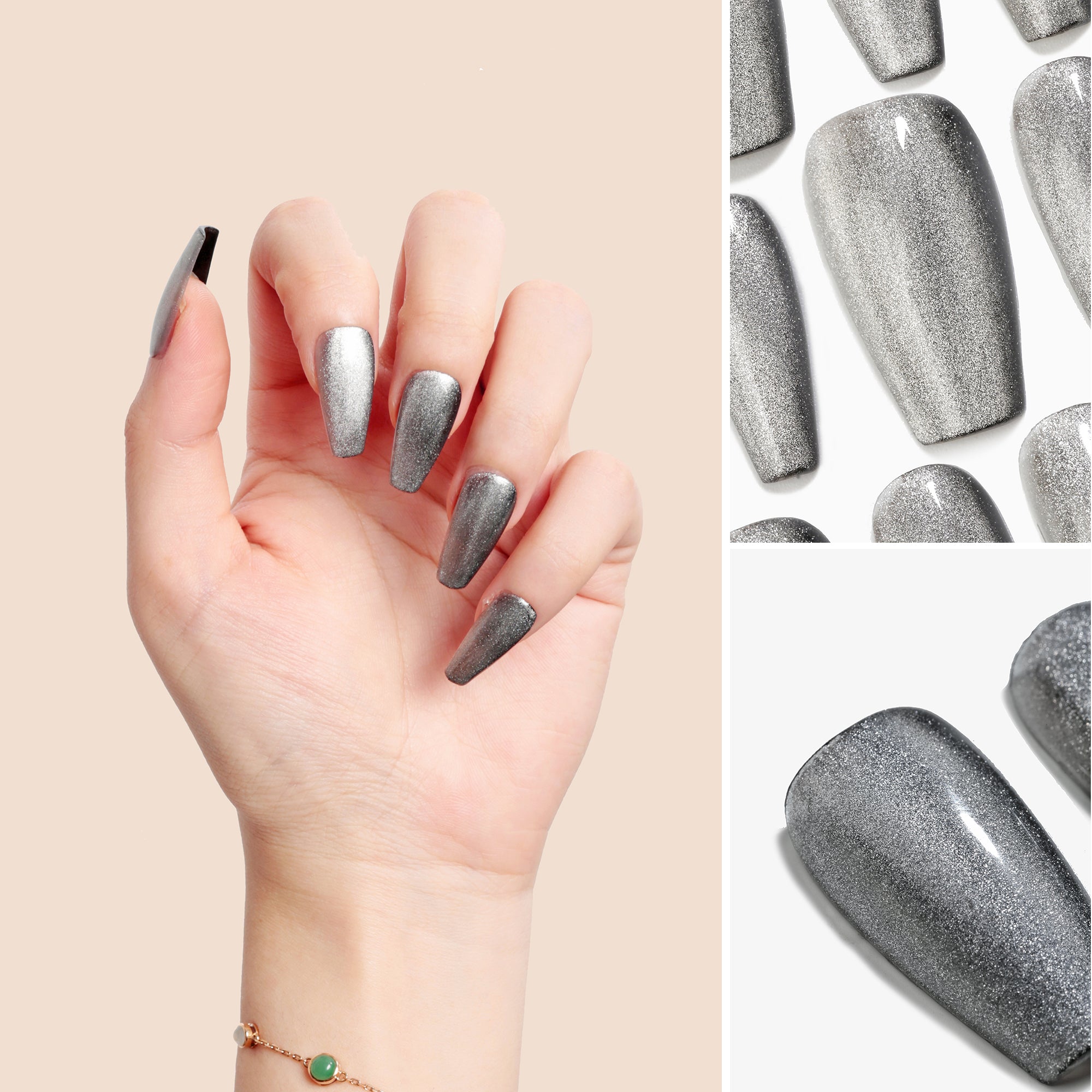 ハンドメイド ミディアム コフィン バレリーナ ネイルチップ– シルバー 銀 マグネット シンプル グロッシー 10枚セット #105