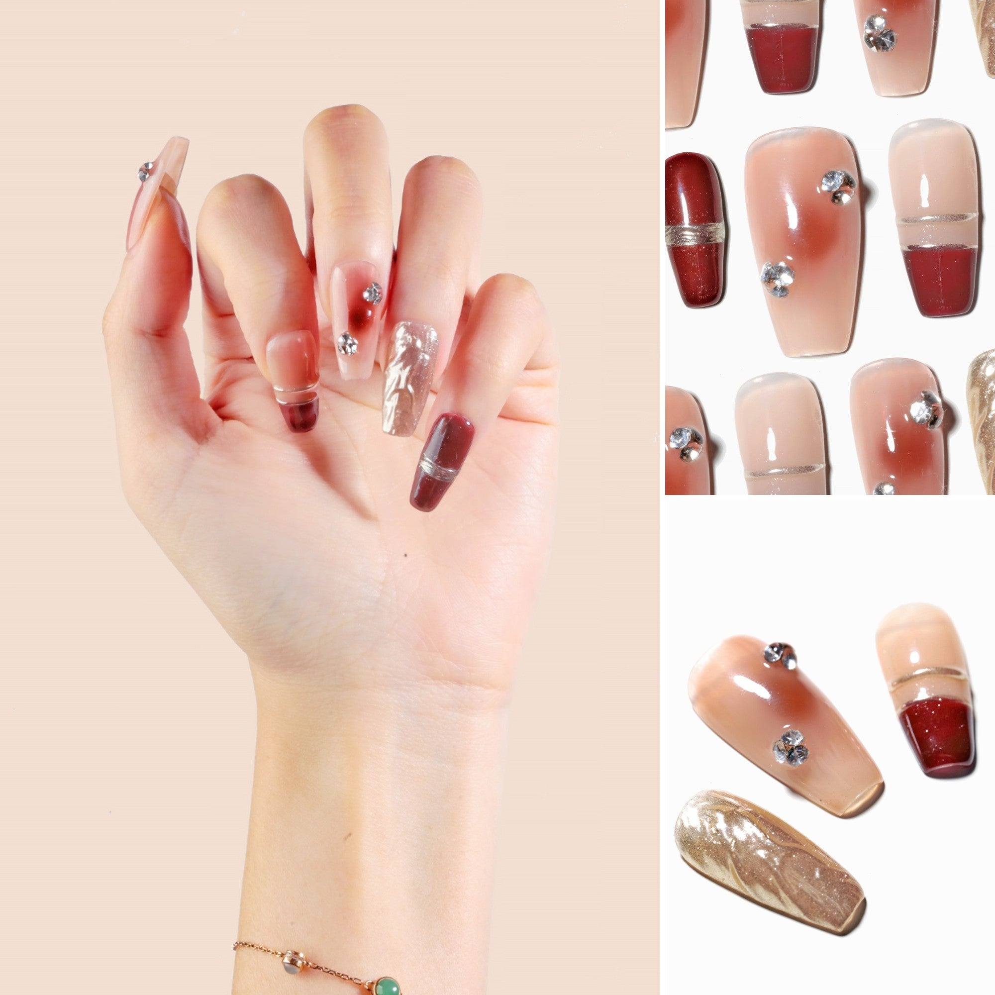 Ongles press-on faits main Moyen Coffin Ballerine – Rouge Doré Paillettes Français Strass 10 pièces #043