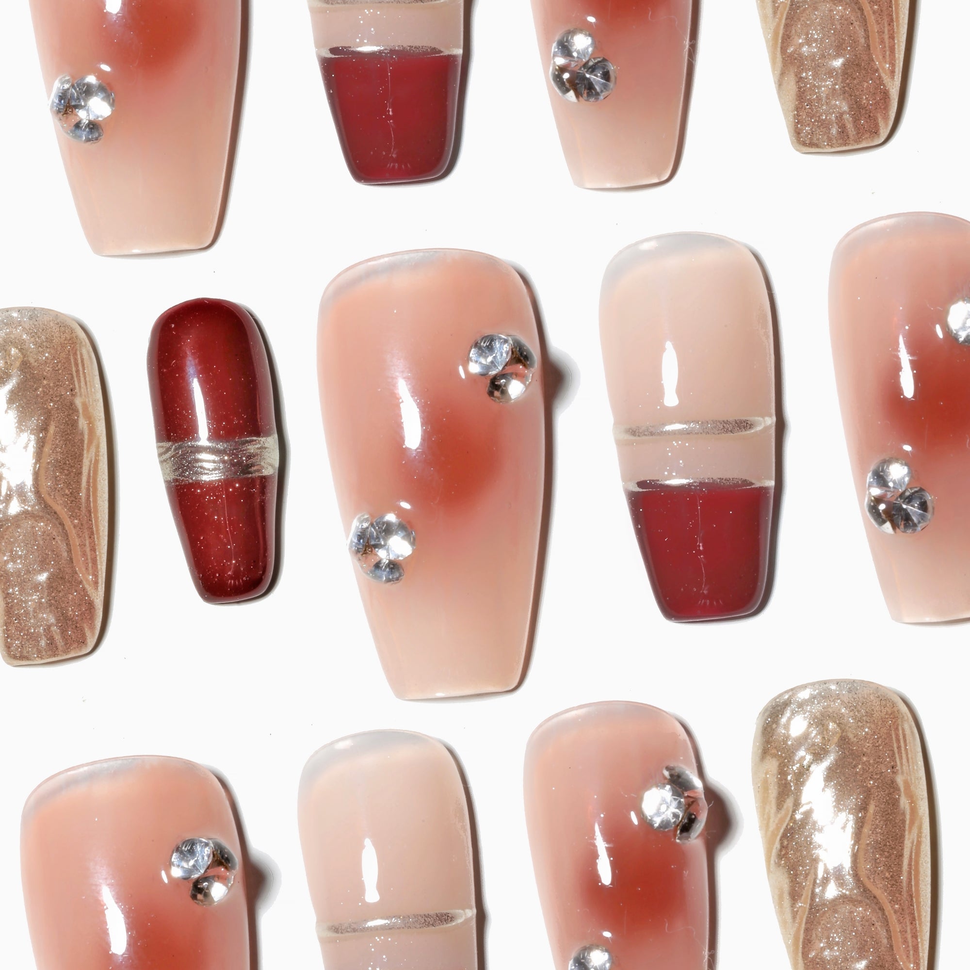 Handmade Medium Coffin Ballerina Red Gold Glitter French Rhinestone Design Fashion False Nail Tips 10 Pcs #043