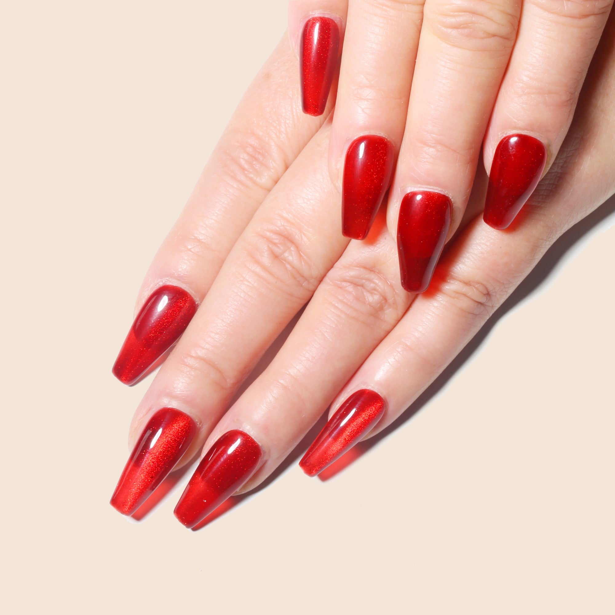 ハンドメイド ミディアム コフィン バレリーナ ネイルチップ– レッド 赤 無地 ワンカラー マグネット シンプル 10枚セット #164