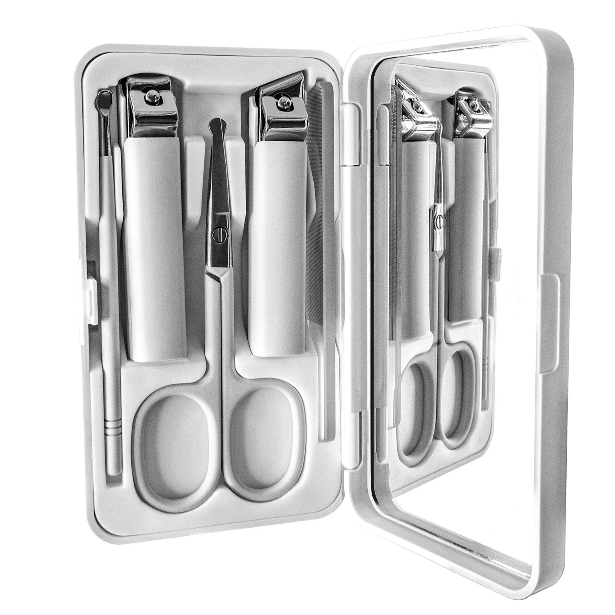 Nail Clippers Glass Nail File Scissors Mirror Ear Pick 6-Pcs Set Nail Care Set for Hands and Feet Anti-Splash Anti-Slip Portable with Storage Box White