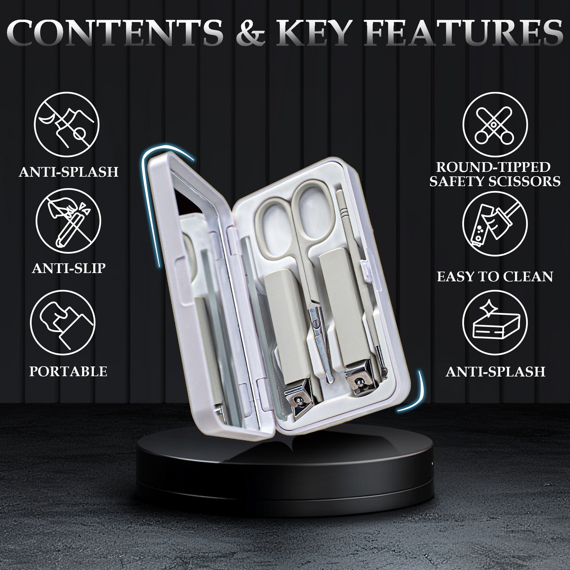 Nail Clippers Glass Nail File Scissors Mirror Ear Pick 6-Pcs Set Nail Care Set for Hands and Feet Anti-Splash Anti-Slip Portable with Storage Box White