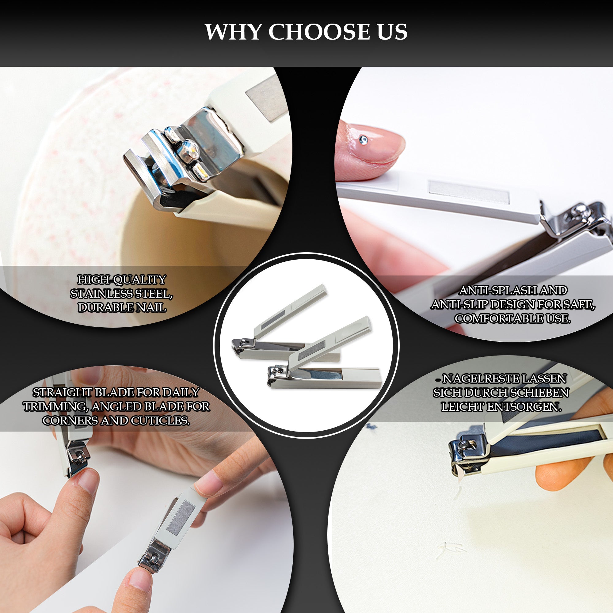 Nail Clippers Glass Nail File Scissors Mirror Ear Pick 6-Pcs Set Nail Care Set for Hands and Feet Anti-Splash Anti-Slip Portable with Storage Box White