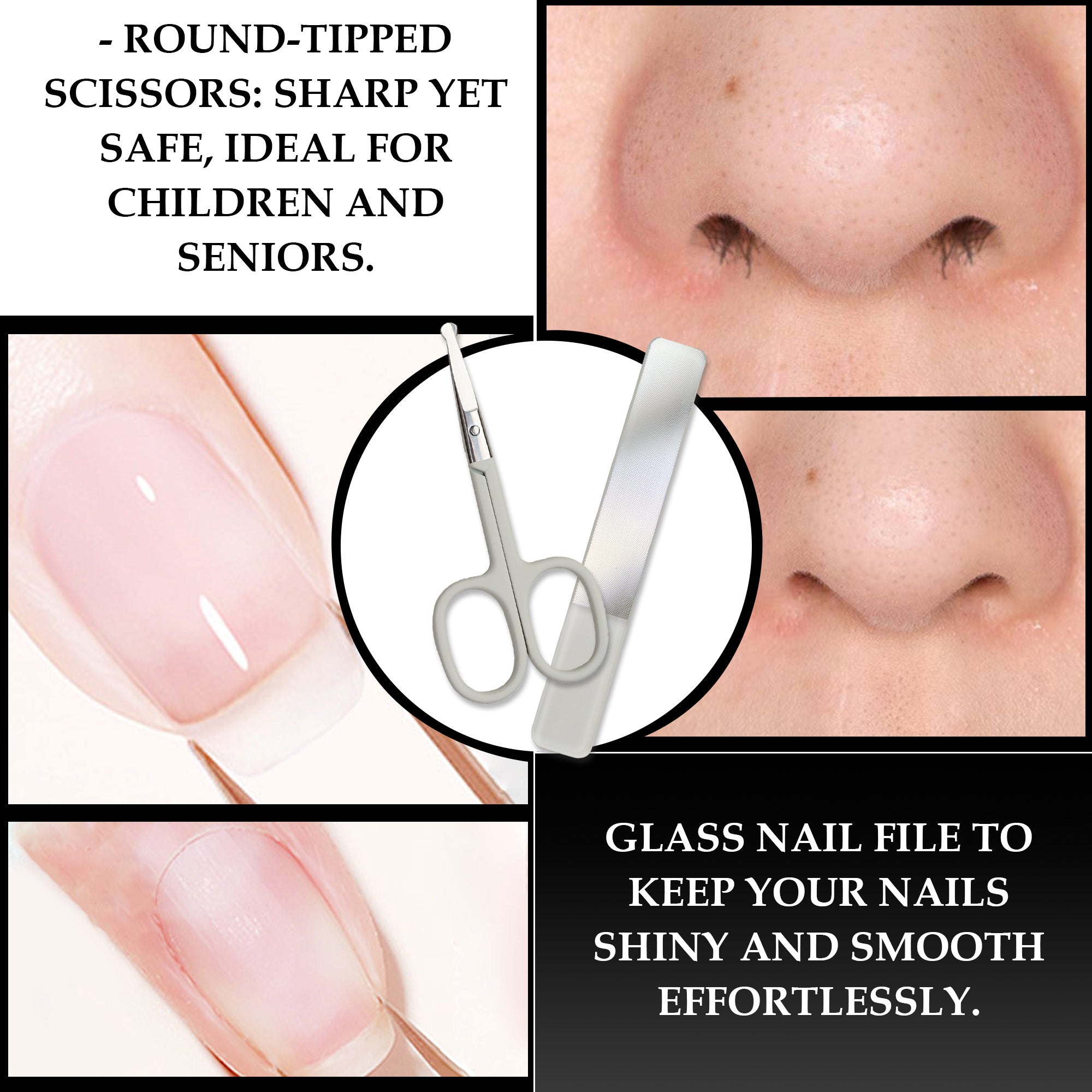 Nail Clippers Glass Nail File Scissors Mirror Ear Pick 6-Pcs Set Nail Care Set for Hands and Feet Anti-Splash Anti-Slip Portable with Storage Box White