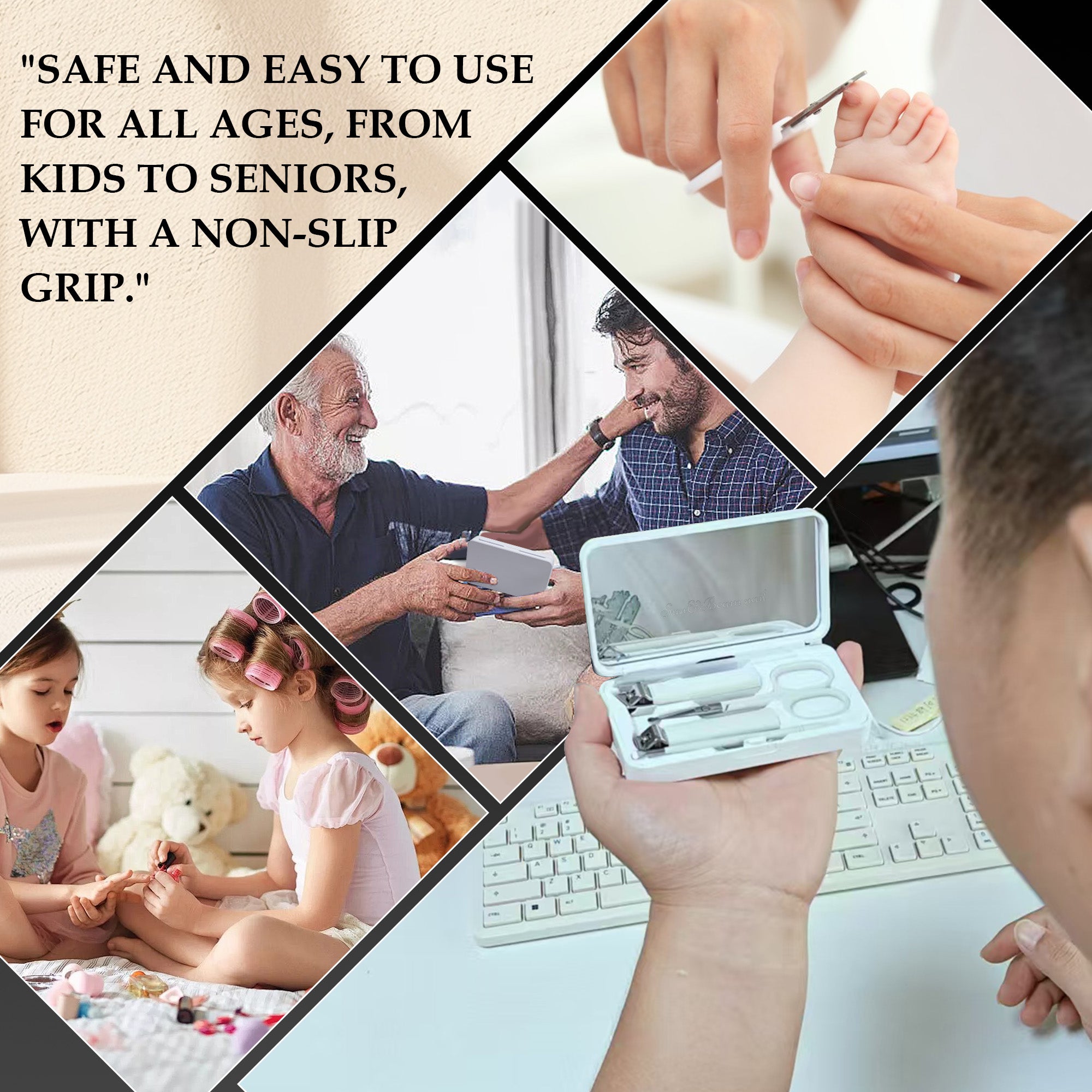 Nail Clippers Glass Nail File Scissors Mirror Ear Pick 6-Pcs Set Nail Care Set for Hands and Feet Anti-Splash Anti-Slip Portable with Storage Box White