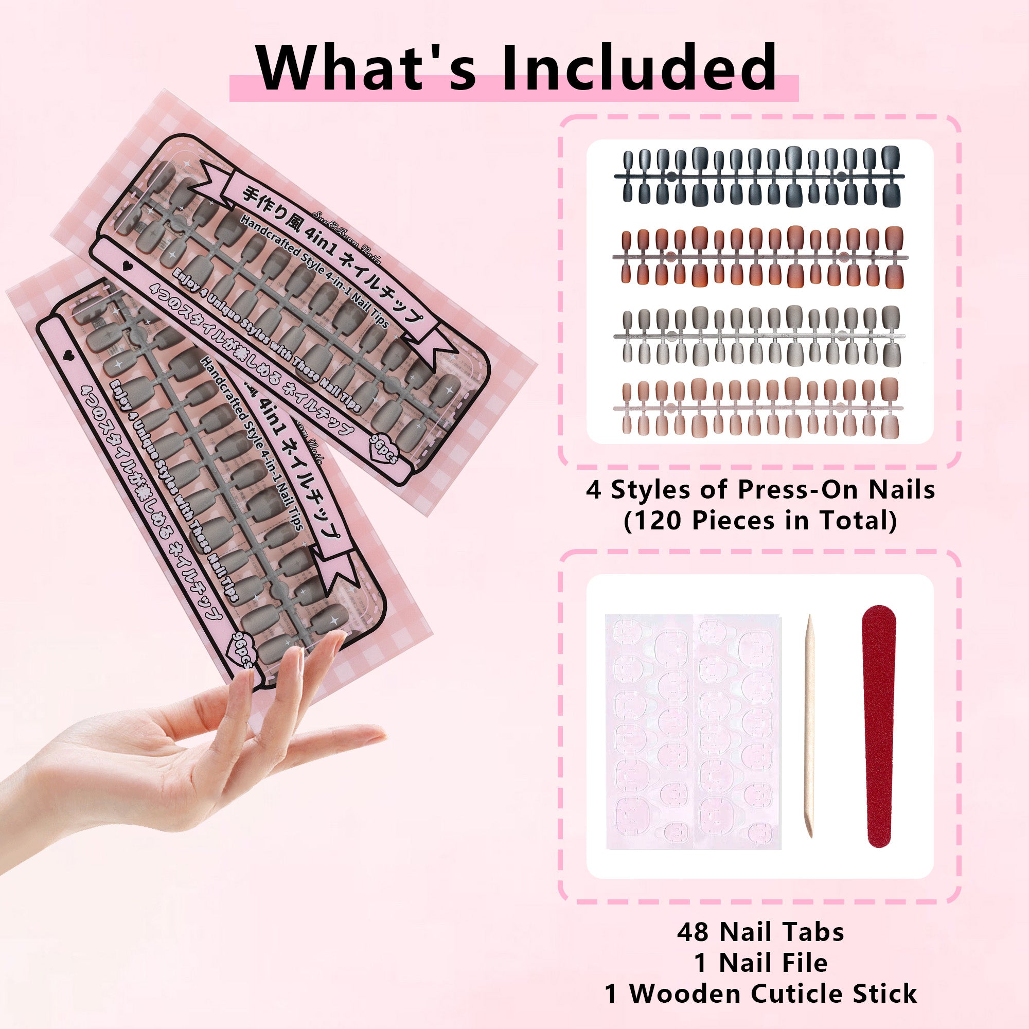 Standard Press-On Nails 120 Pcs, 4-in-1 Mix & Match Fake Nails, Reusable & Easy to Apply, DIY Nail Art #301