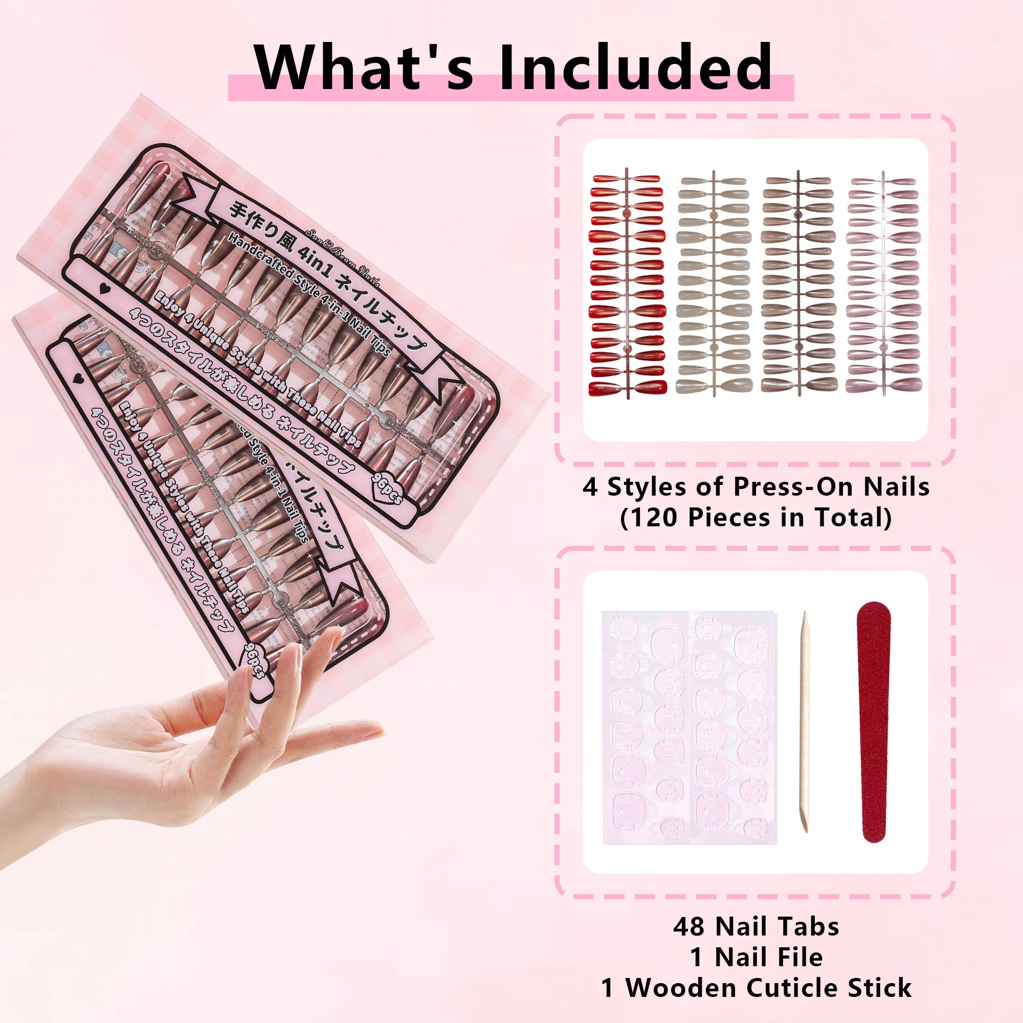 Standard Press-On Nails 120 Pcs, 4-in-1 Mix & Match Fake Nails, Reusable & Easy to Apply, DIY Nail Art #300