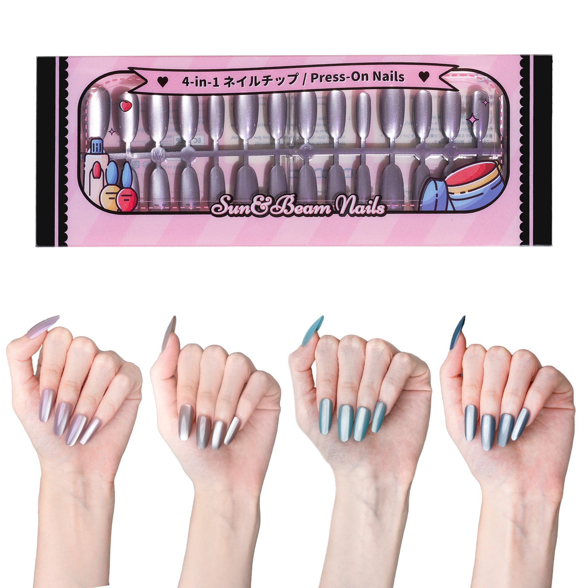 Standard Press-On Nails 120 Pcs, 4-in-1 Mix & Match Fake Nails, Reusable & Easy to Apply, DIY Nail Art #303