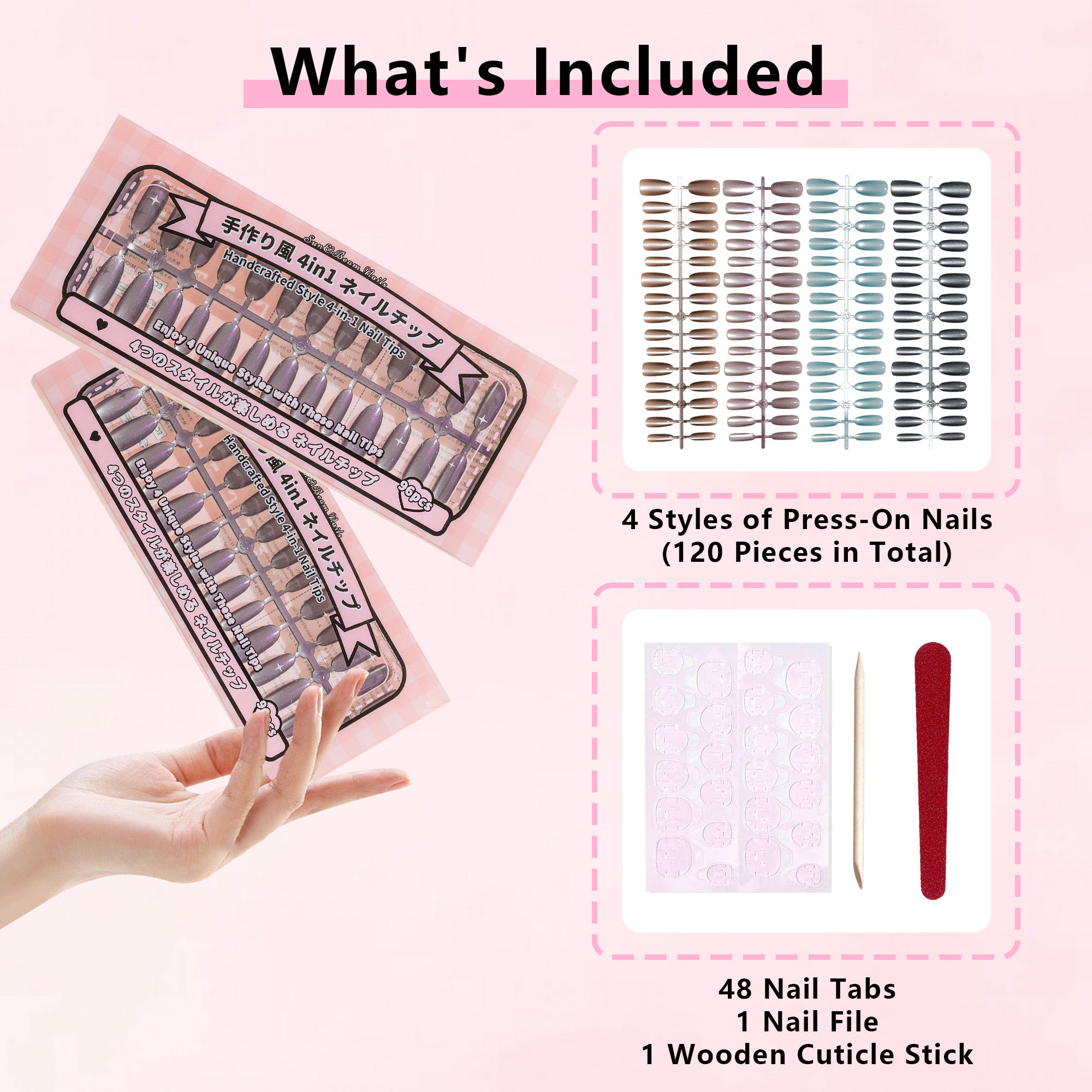 Standard Press-On Nails 120 Pcs, 4-in-1 Mix & Match Fake Nails, Reusable & Easy to Apply, DIY Nail Art #303