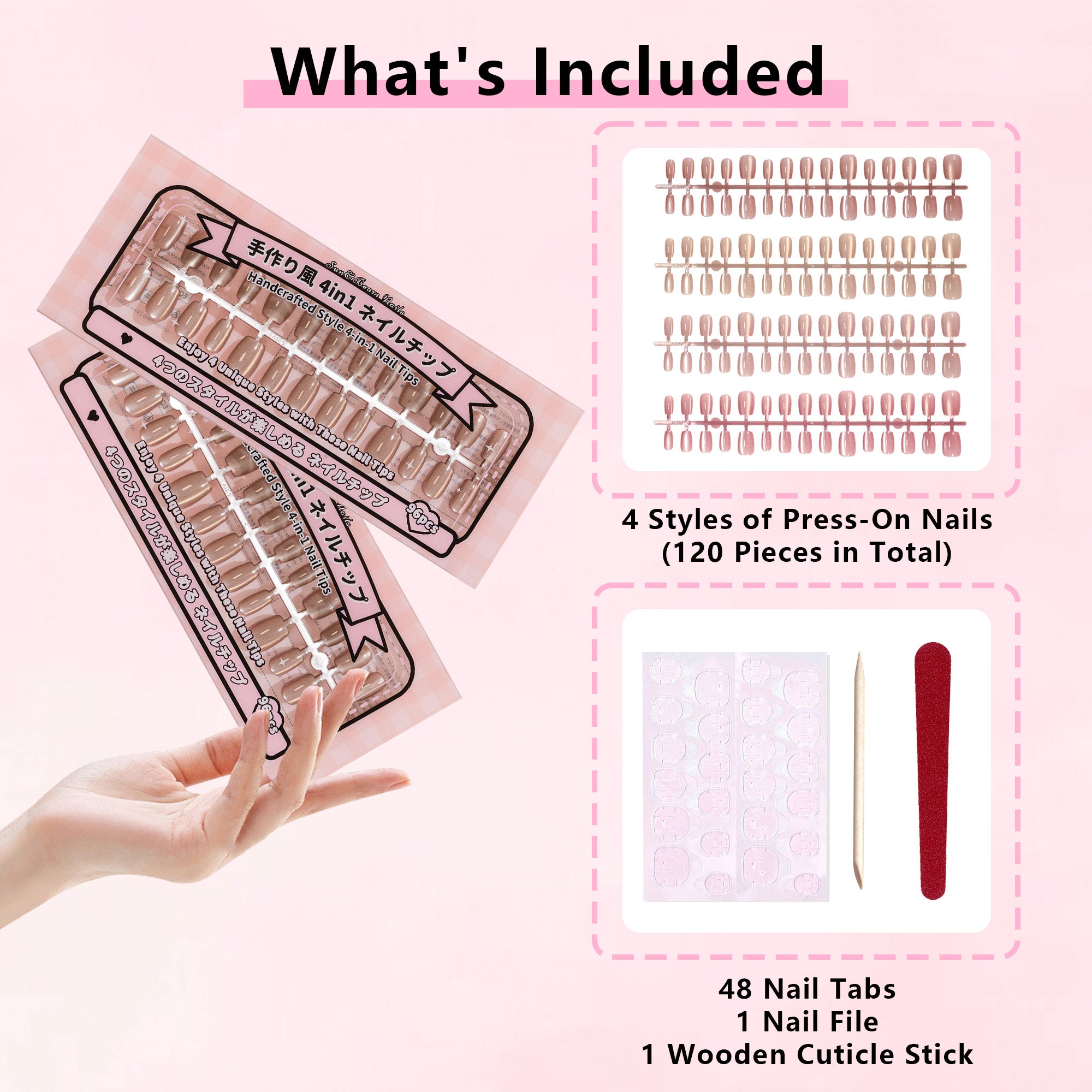 Standard Press-On Nails 120 Pcs, 4-in-1 Mix & Match Fake Nails, Reusable & Easy to Apply, DIY Nail Art #302