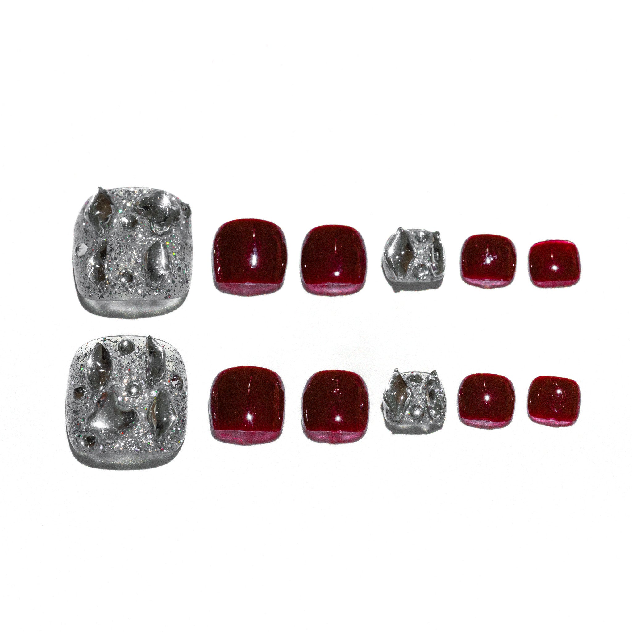 Handmade Short for Toes Press-On Nails - Red Silver Rhinestone Glitter Hand-Painted 10 Pcs #229