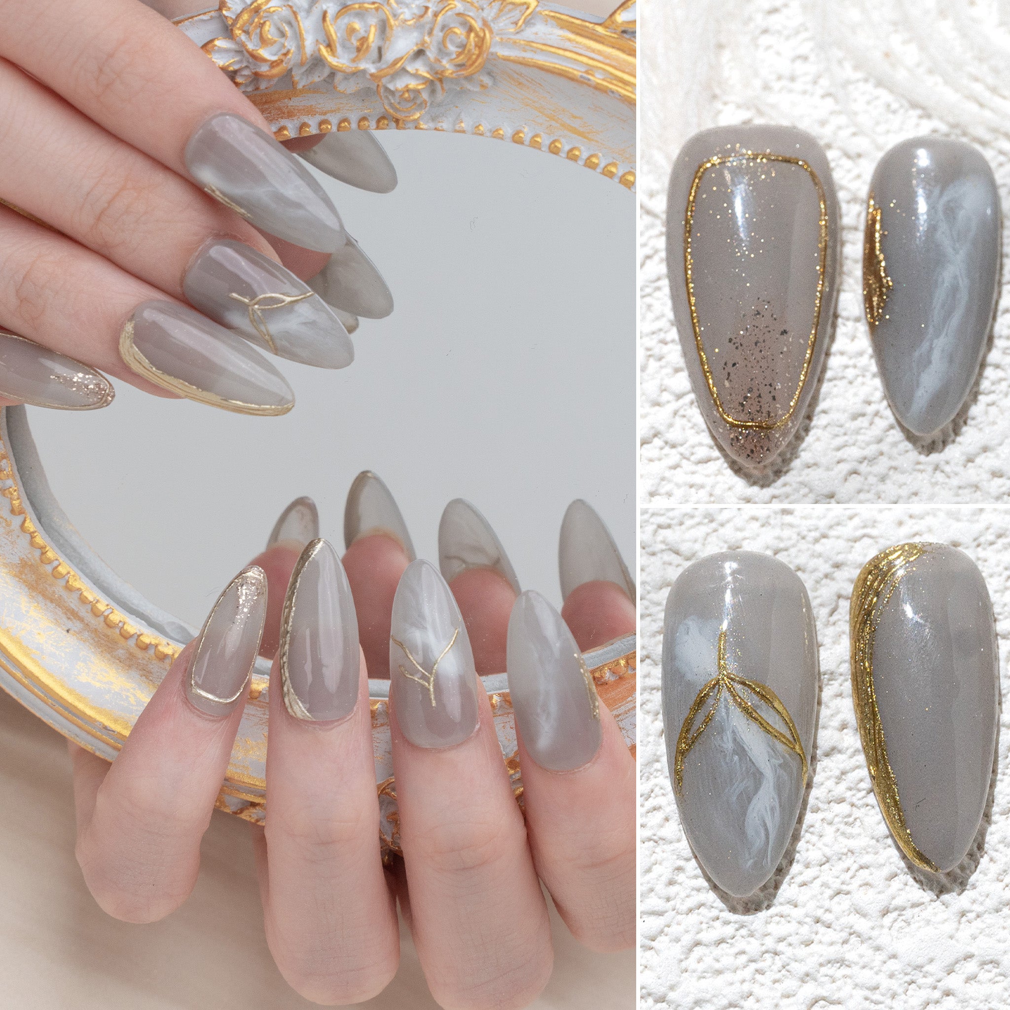 Handmade Medium Almond Press-On Nails - Blue Gold Ombre Hand-Painted Gradation 10 Pcs #230