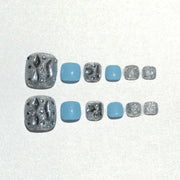 ハンドメイド ショート 短め フット用 ネイルチップ– ブルー シルバー 銀 ストーン キラキラ 手描き 10枚セット #228