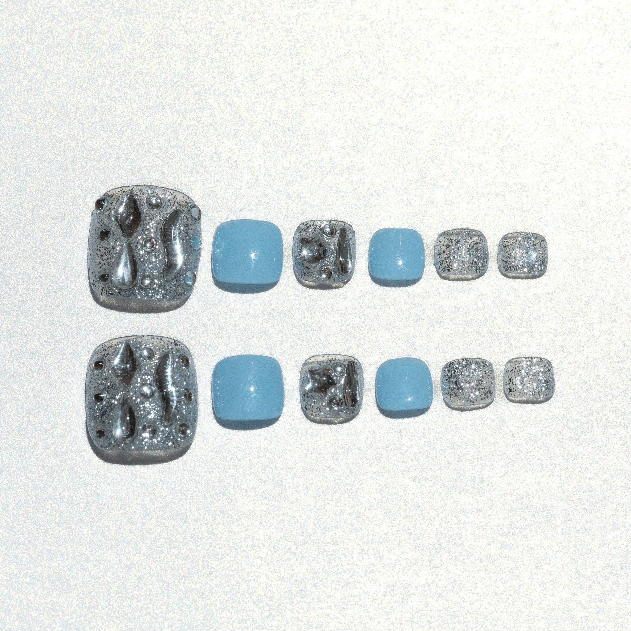 Handmade Short for Toes Press-On Nails - Blue Silver Rhinestone Glitter Hand-Painted 10 Pcs #228