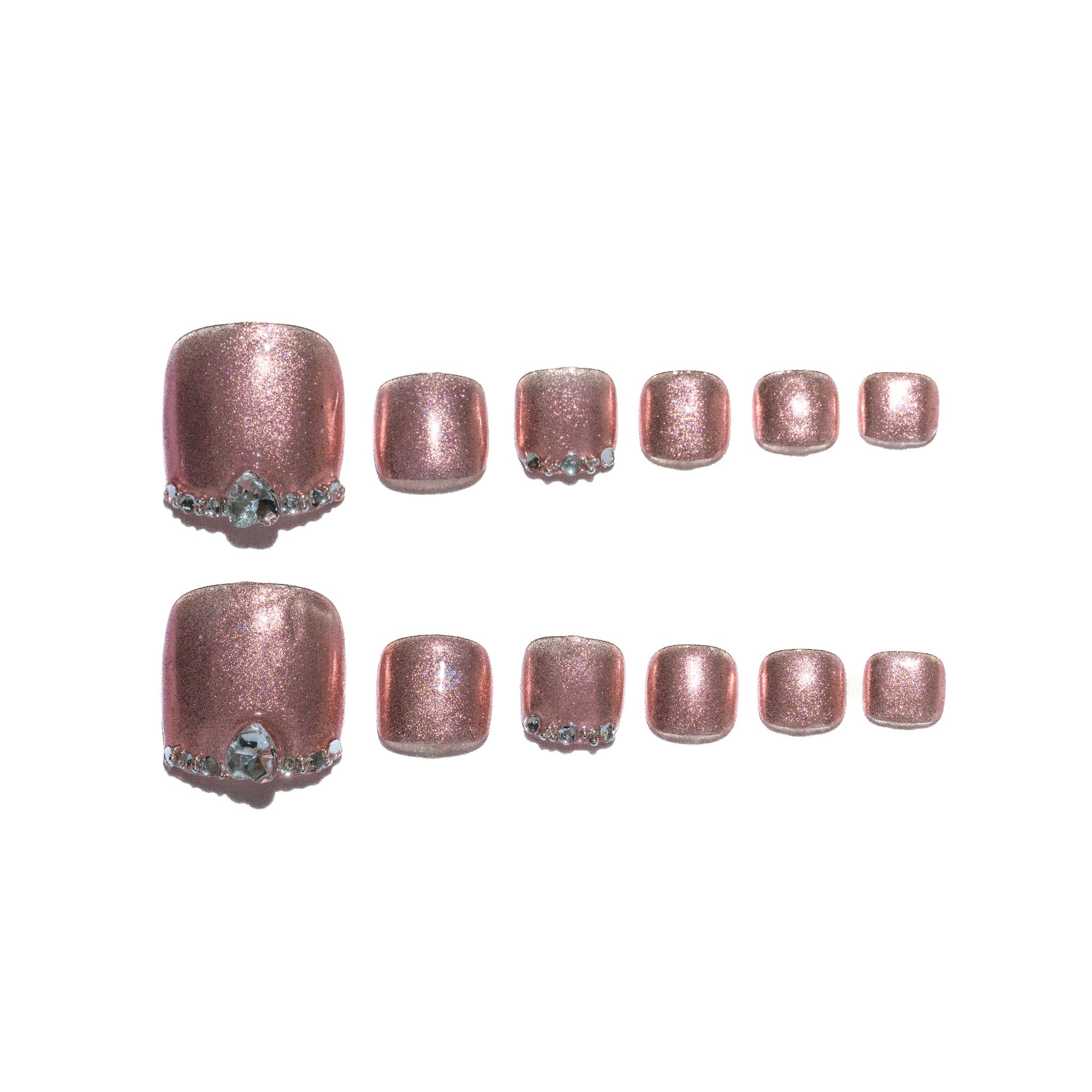 Handmade Short for Toes Press-On Nails - Pink Rhinestone Glitter Hand-Painted 10 Pcs #224