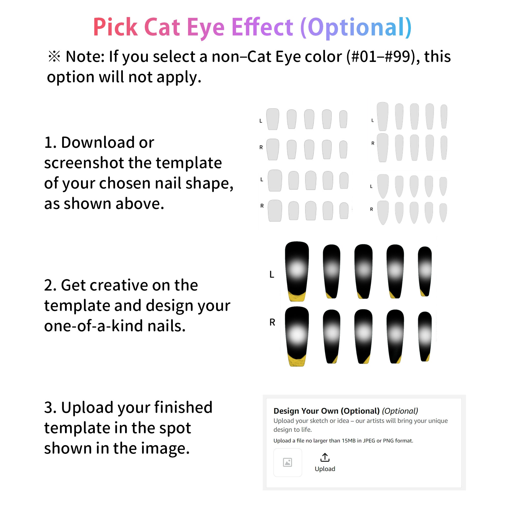 Sun&Beam Nails Custom Cat Eye Glitter Metallic Chrome Press-On Nails Handmade Fake Nails Select Shape, Color, Glitter & Style 10 Pcs