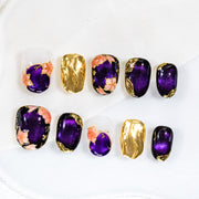Ongles press-on faits main Court Rond – Violet Doré Rose Élégant Fleur Aimant 10 pièces #279