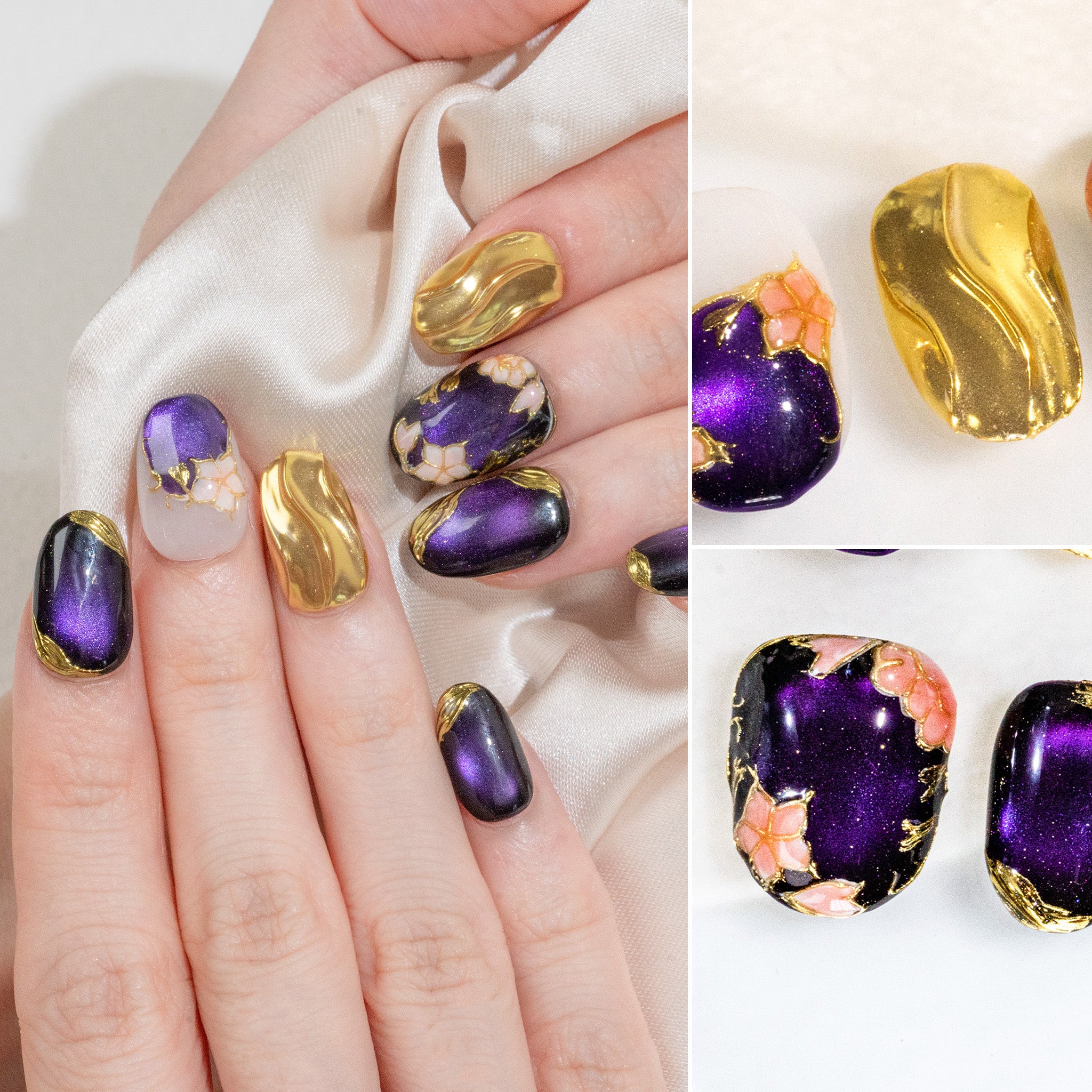 Ongles press-on faits main Court Rond – Violet Doré Rose Élégant Fleur Aimant 10 pièces #279