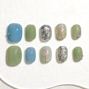 Handmade Short Squoval Round Press-On Nails - Green Glitter Minimalist Sweet 10 Pcs #286