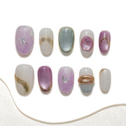 Ongles press-on faits main Moyen Amande – Violet Doré Blanc Aimant Ombre Mignon 10 pièces #283