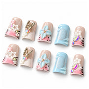 Cherry Blossom Duck Press-On Nails — Handmade in Pink and Blue, #326